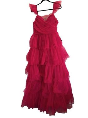 Lulu's Fabulous Poise Bright Red Tulle Ruffled Tiered Maxi Dress NWT XL